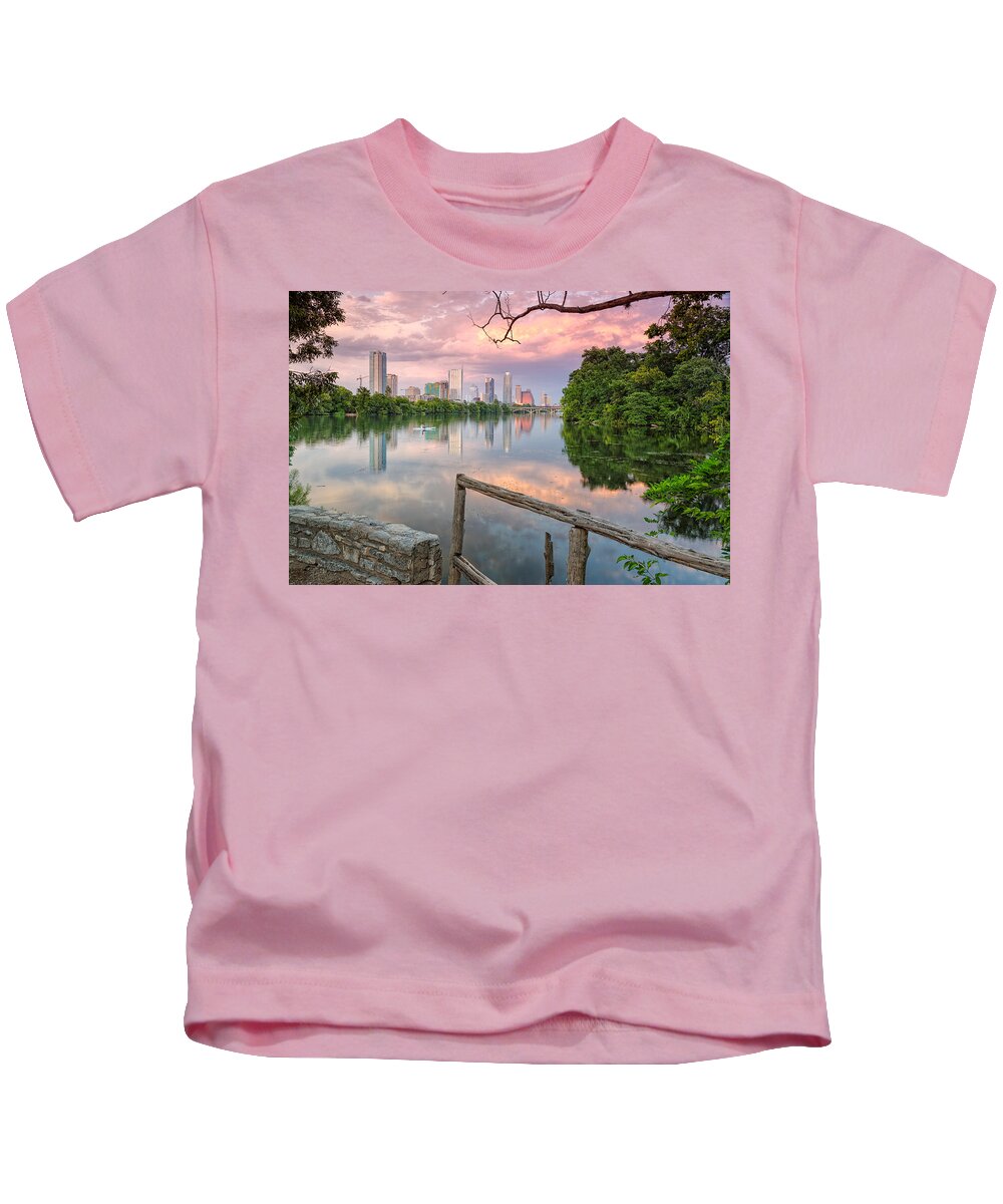 Lou Neff Point Kids T-Shirt featuring the photograph Austin Skyline from Lou Neff Point by Silvio Ligutti