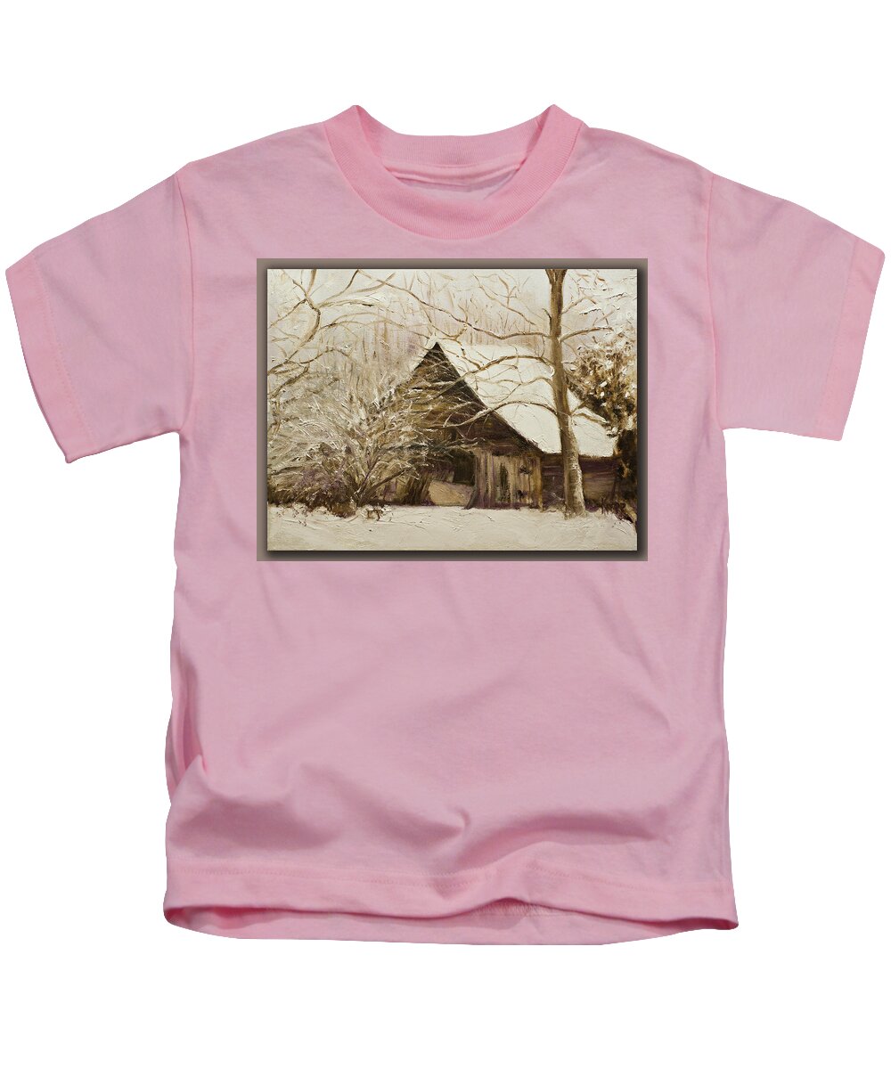 Barn Landscape Snow Kids T-Shirt featuring the painting Barn in snow by Kathy Knopp