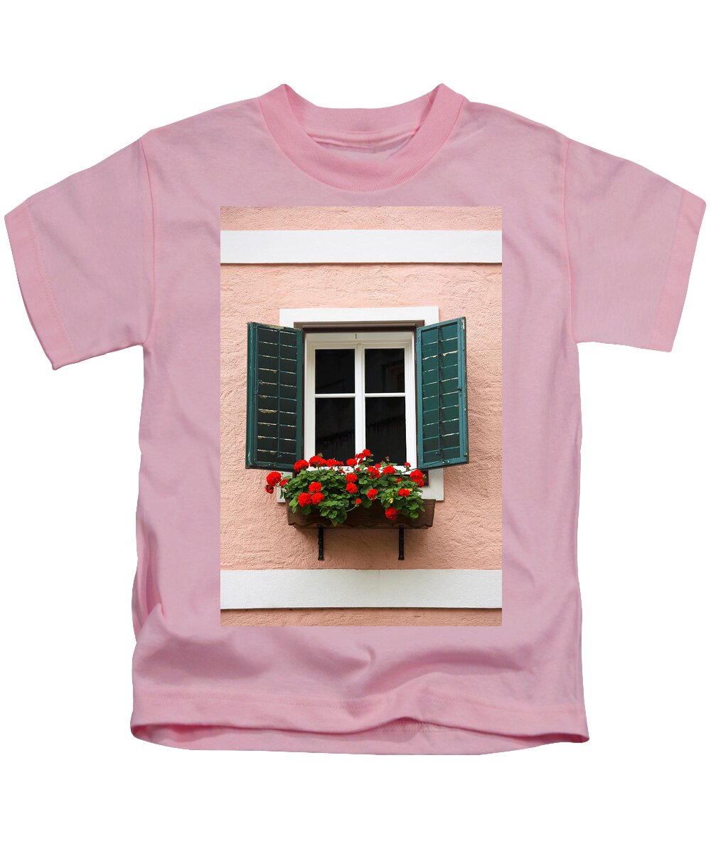 Austria Kids T-Shirt featuring the photograph Beautiful window with flower box and shutters by Sue Leonard