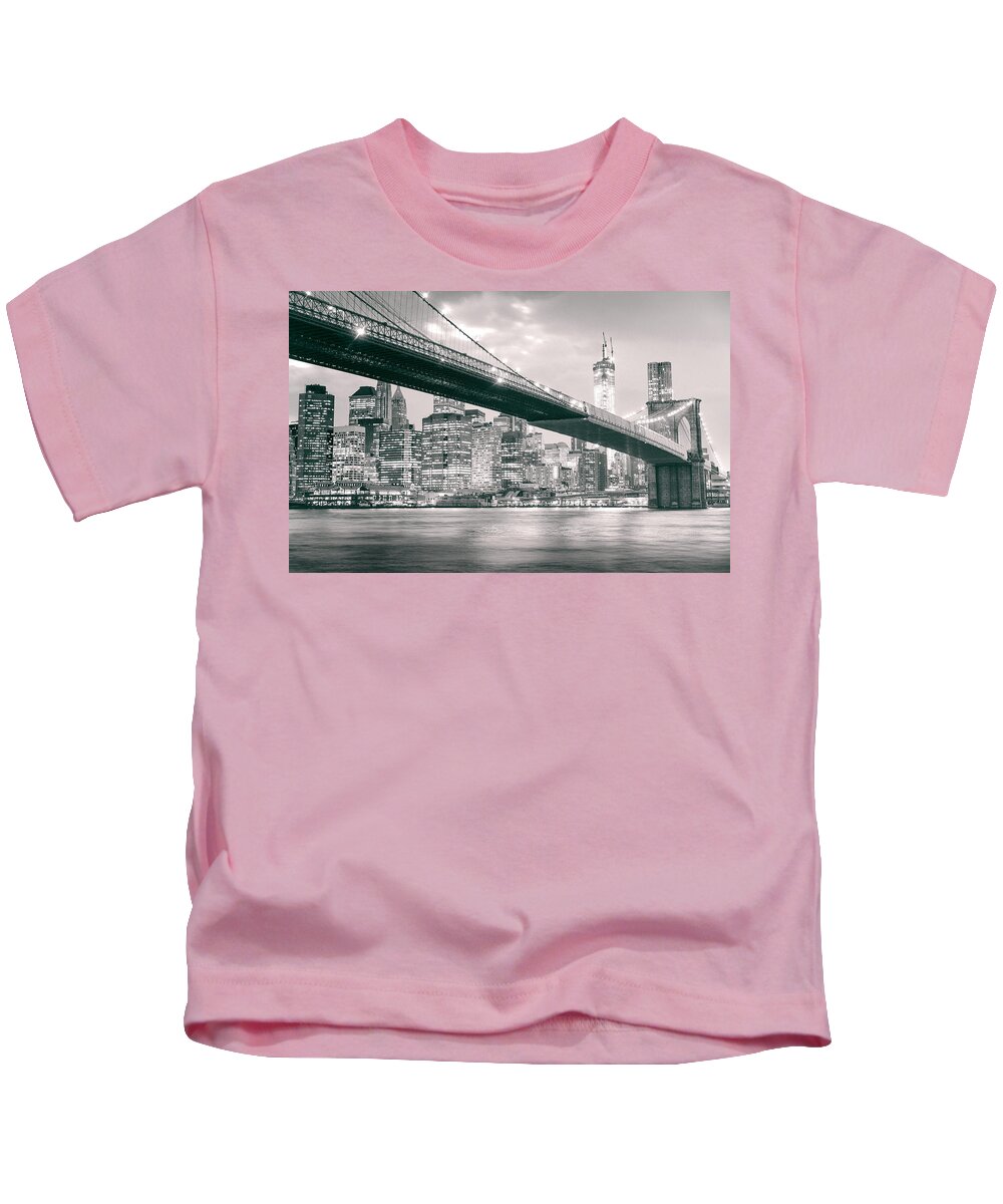 Nyc Kids T-Shirt featuring the photograph Brooklyn Bridge and New York City Skyline at Night by Vivienne Gucwa
