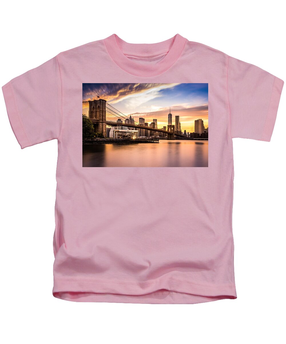 America Kids T-Shirt featuring the photograph Brooklyn Bridge at sunset by Mihai Andritoiu