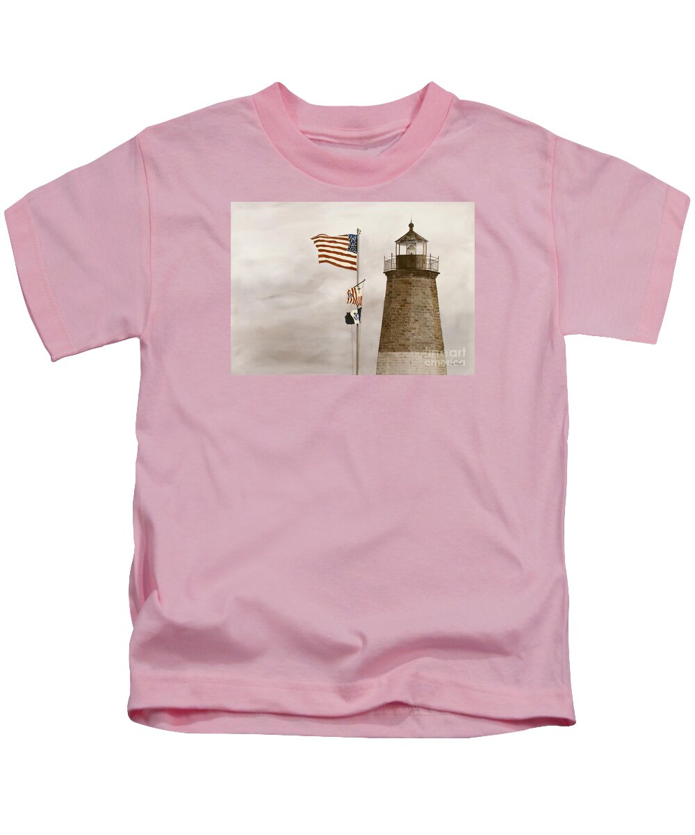 A Sturdy Lighthouse On The Shore Of Point Judith Kids T-Shirt featuring the painting Coast Guard by Monte Toon