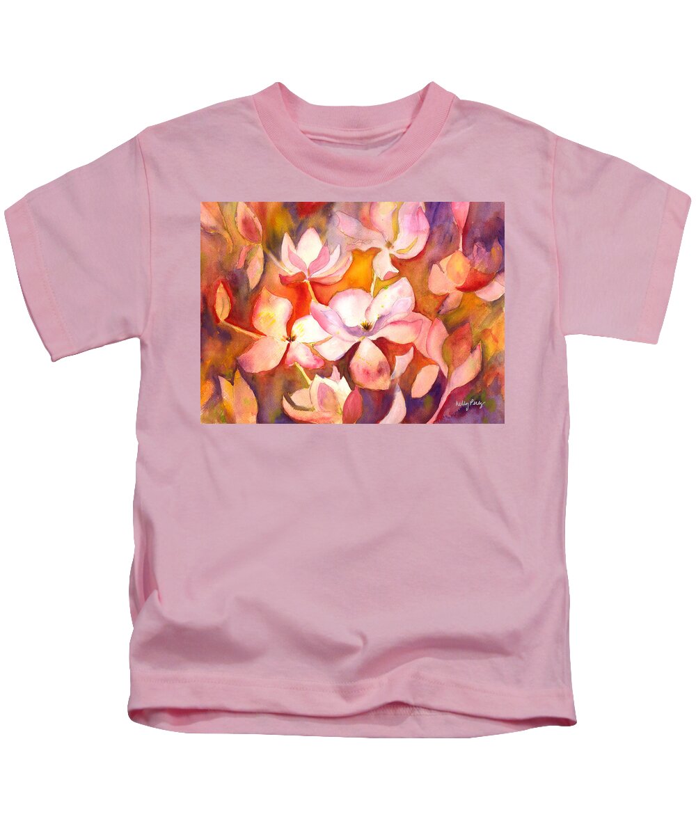 Watercolor Painting Kids T-Shirt featuring the painting Fiery Magnolias by Kelly Perez