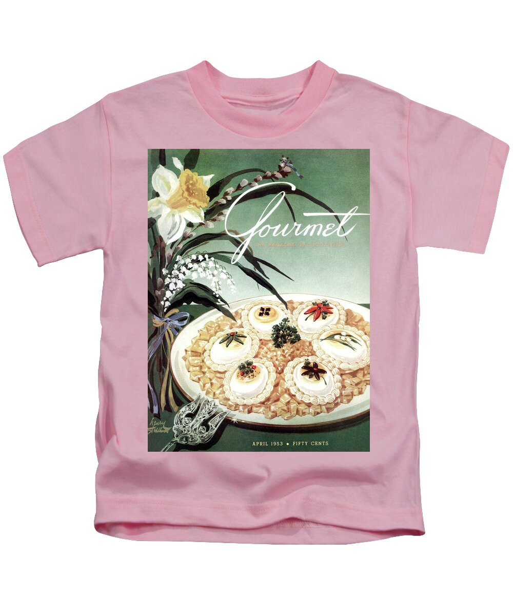 Illustration Kids T-Shirt featuring the photograph Gourmet Cover Featuring Poached Eggs On Cubed by Henry Stahlhut