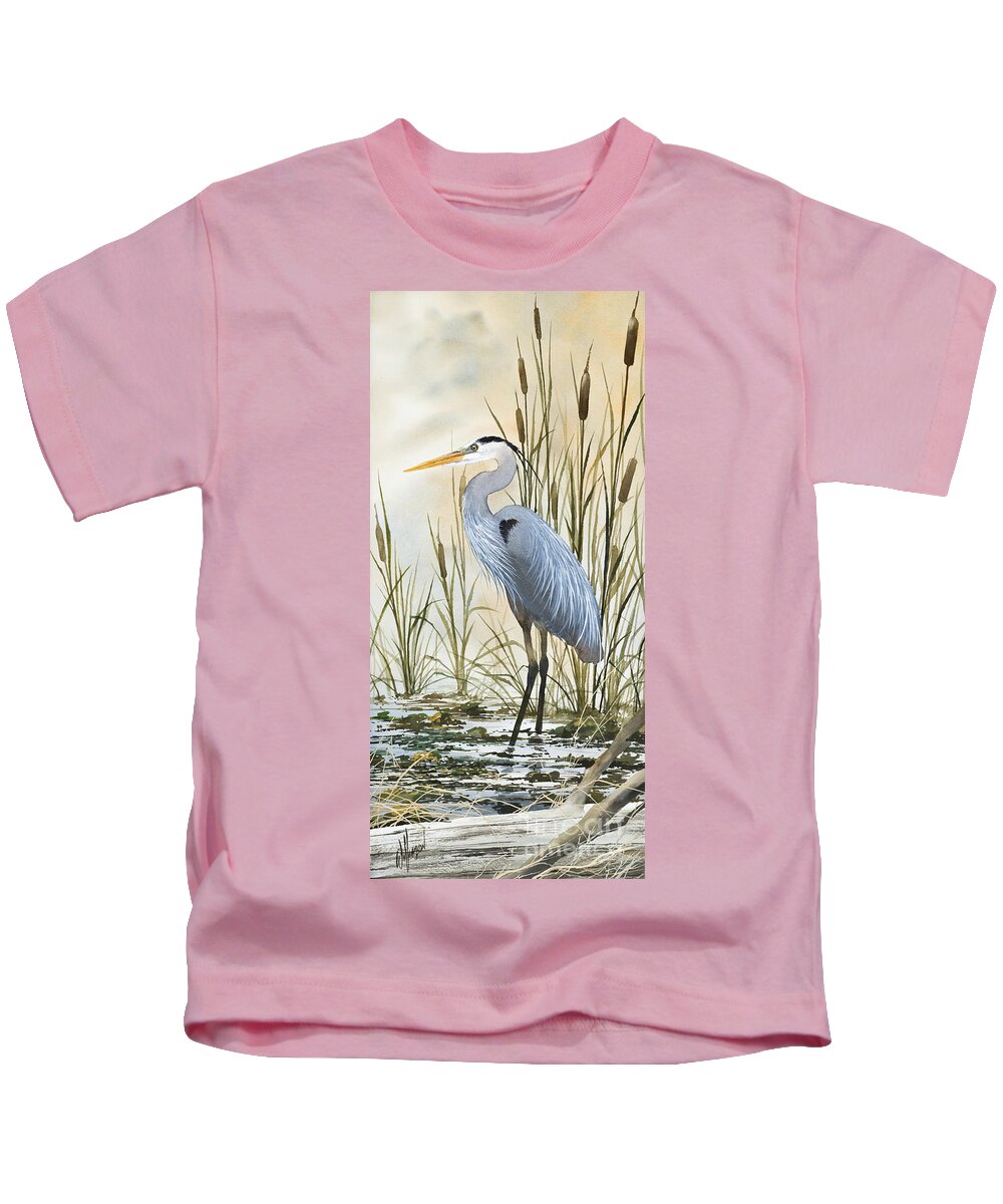 Heron Limited Edition Prints Kids T-Shirt featuring the painting Heron and Cattails by James Williamson