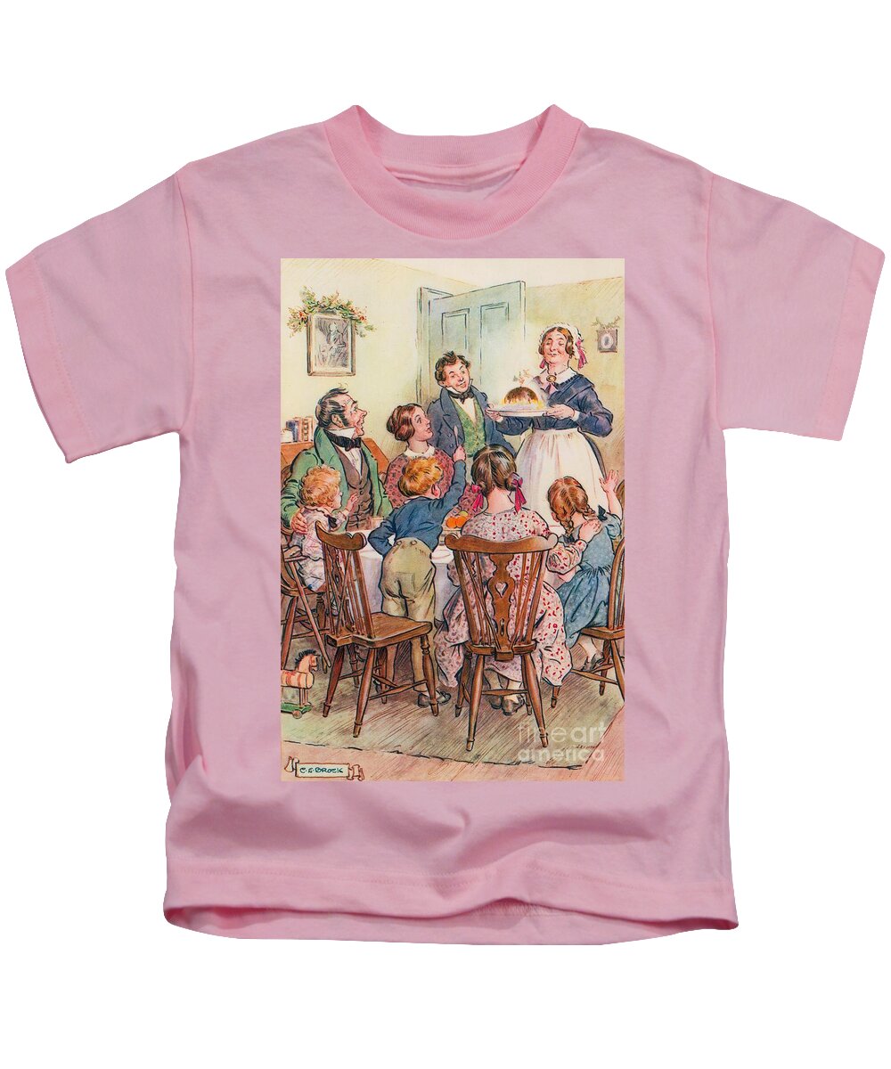 Illustration For A Christmas Carol By Charles Dickens; The Cratchit's Christmas Dinner; Wonderful Kids T-Shirt featuring the drawing Illustration for A Christmas Carol by Charles Edmund Brock