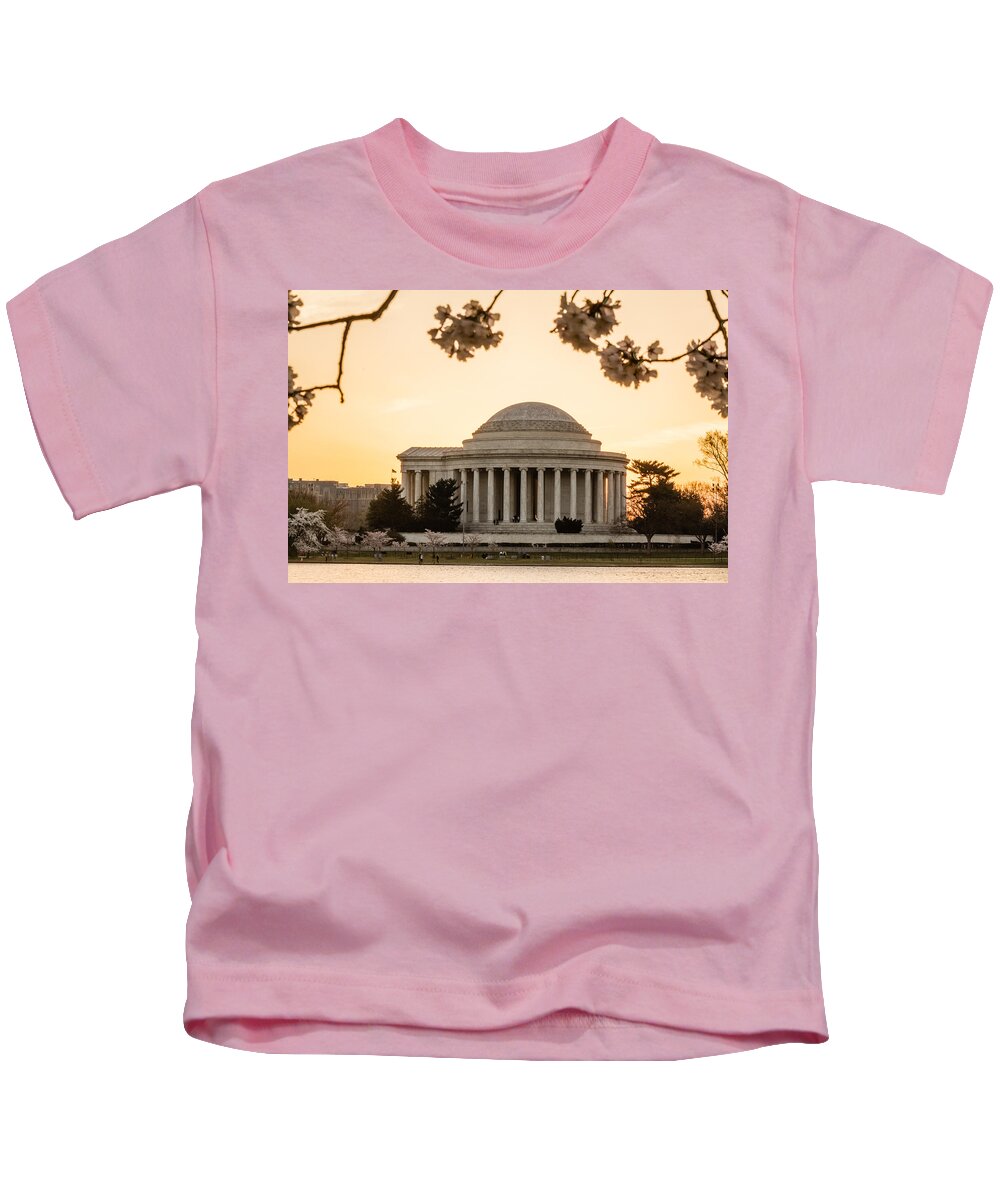 Cherry Blossom Kids T-Shirt featuring the photograph Jefferson Memorial at Sunrise by SAURAVphoto Online Store
