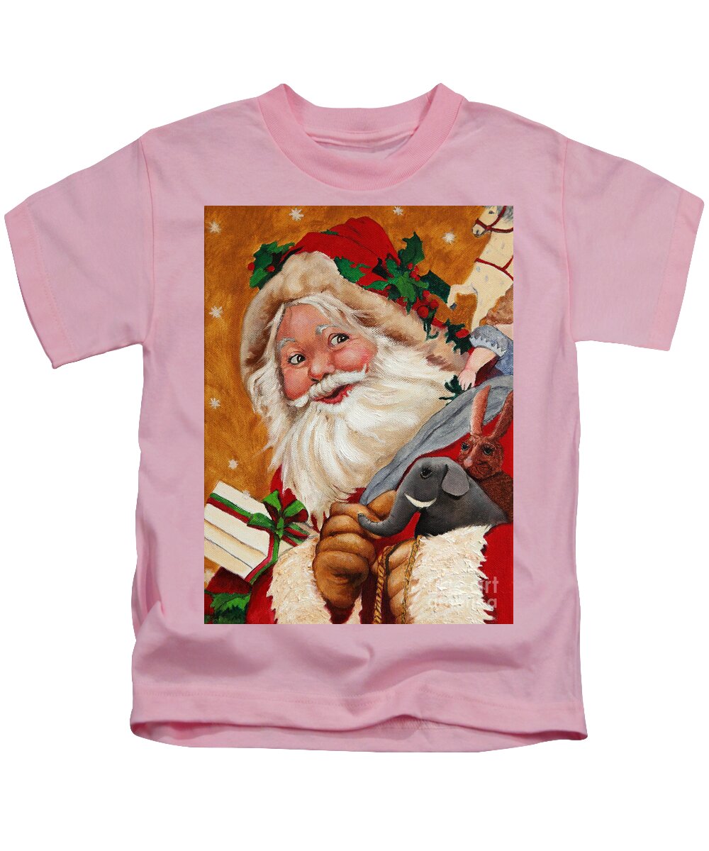 Seasonal Art Kids T-Shirt featuring the painting Jolly Santa by Portraits By NC