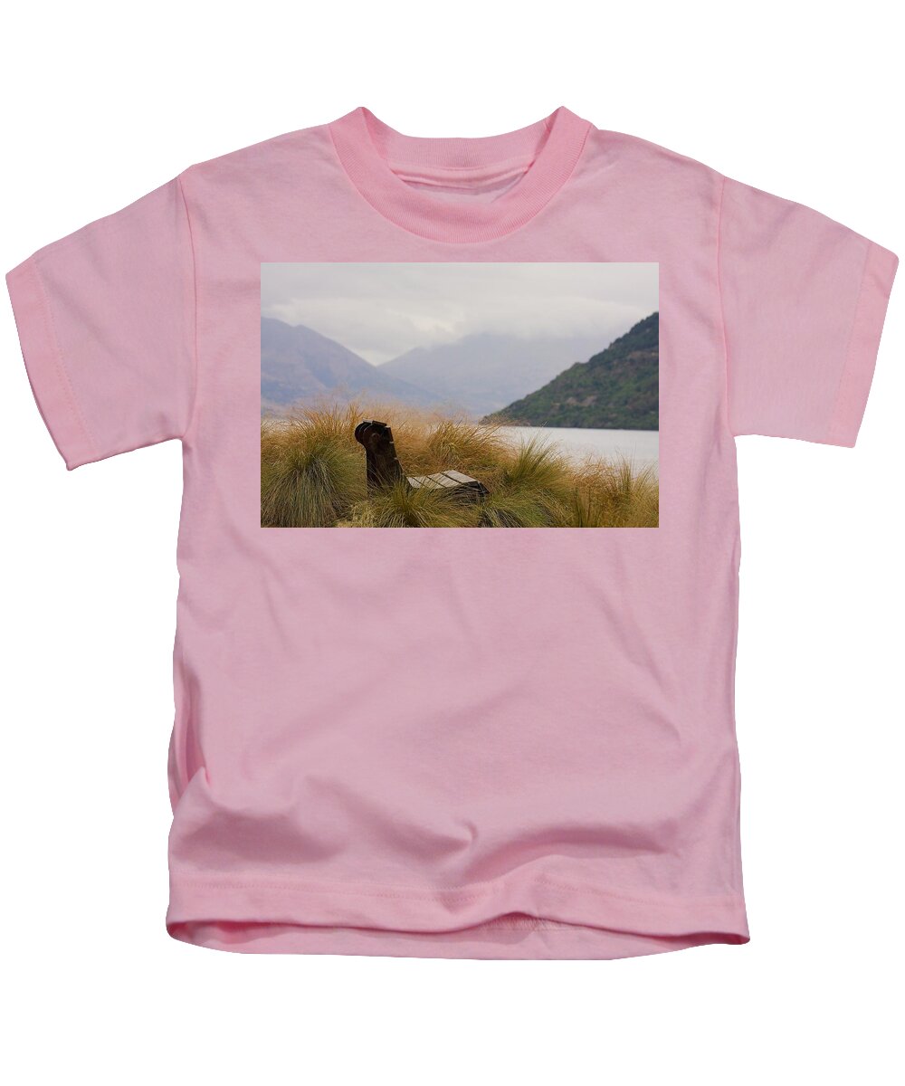New Zealand Kids T-Shirt featuring the photograph Lake Wakatipu Bench by Stuart Litoff