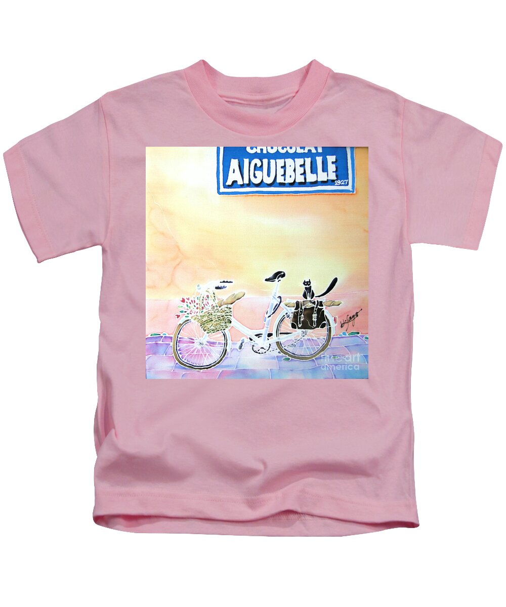 Bicycle Kids T-Shirt featuring the painting On the way by Hisayo OHTA