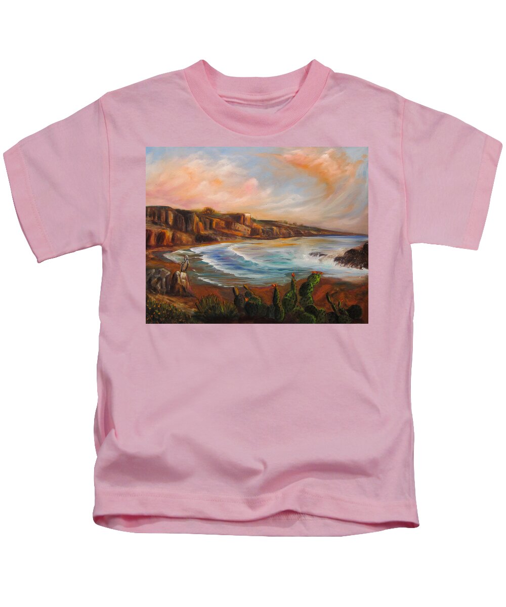 Pelican Kids T-Shirt featuring the painting Pelican on San Diego Beach by Sherry Strong
