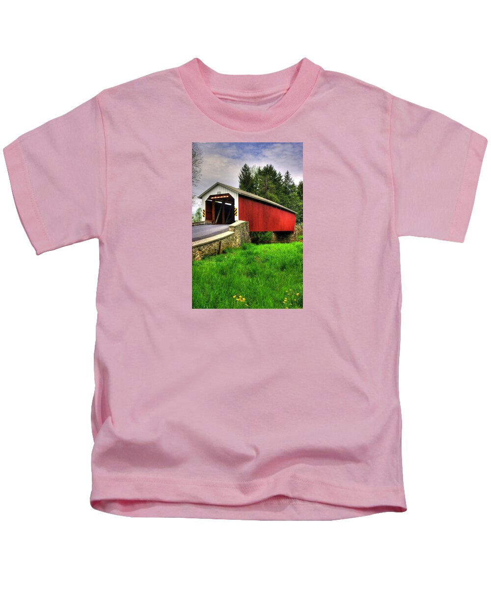 Forry's Mill Covered Bridge Kids T-Shirt featuring the photograph Pennsylvania Country Roads - Forry's Mill Covered Bridge - Lancaster County Spring No. 2 by Michael Mazaika