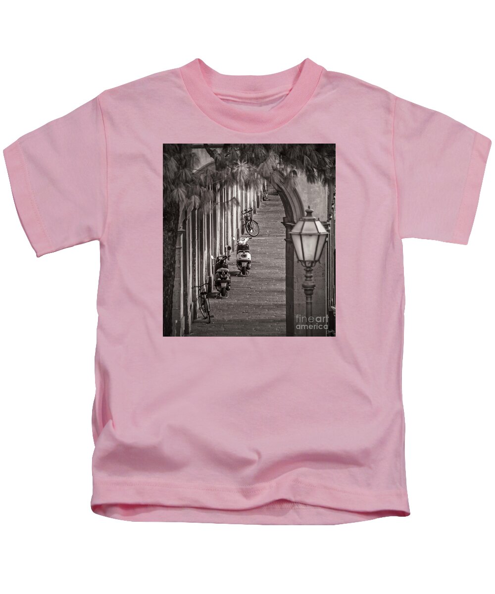 Lucca Kids T-Shirt featuring the photograph Scooters and Bikes by Prints of Italy