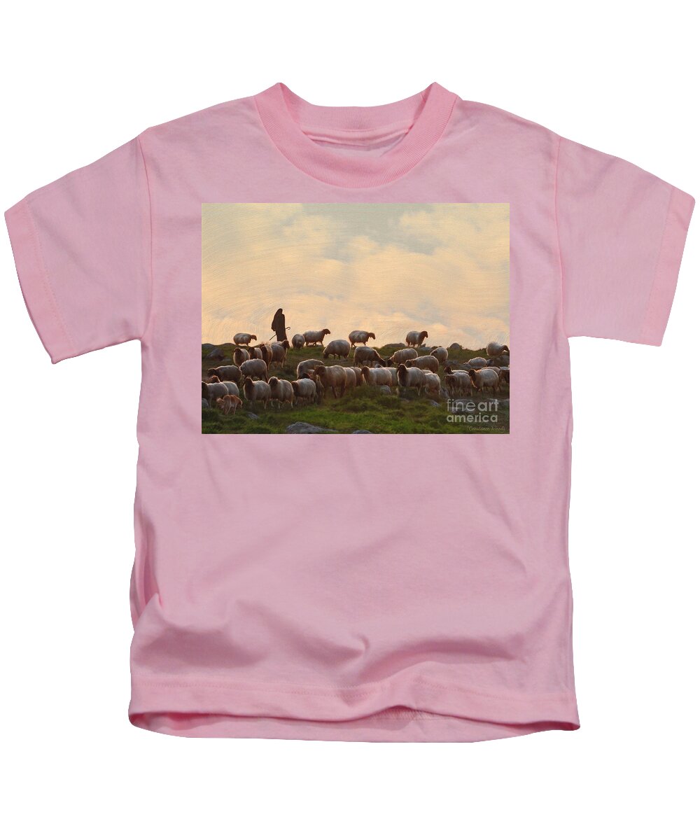 Sheep Art Kids T-Shirt featuring the painting Shepherd With Sheep standard size by Constance Woods