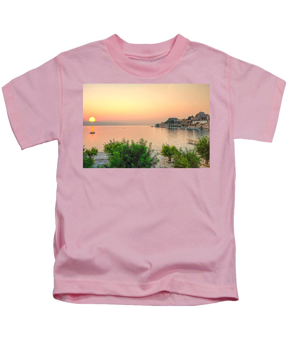 Sunrise Kids T-Shirt featuring the photograph Sunrise at the old fortress of Corfu - Greece by Constantinos Iliopoulos