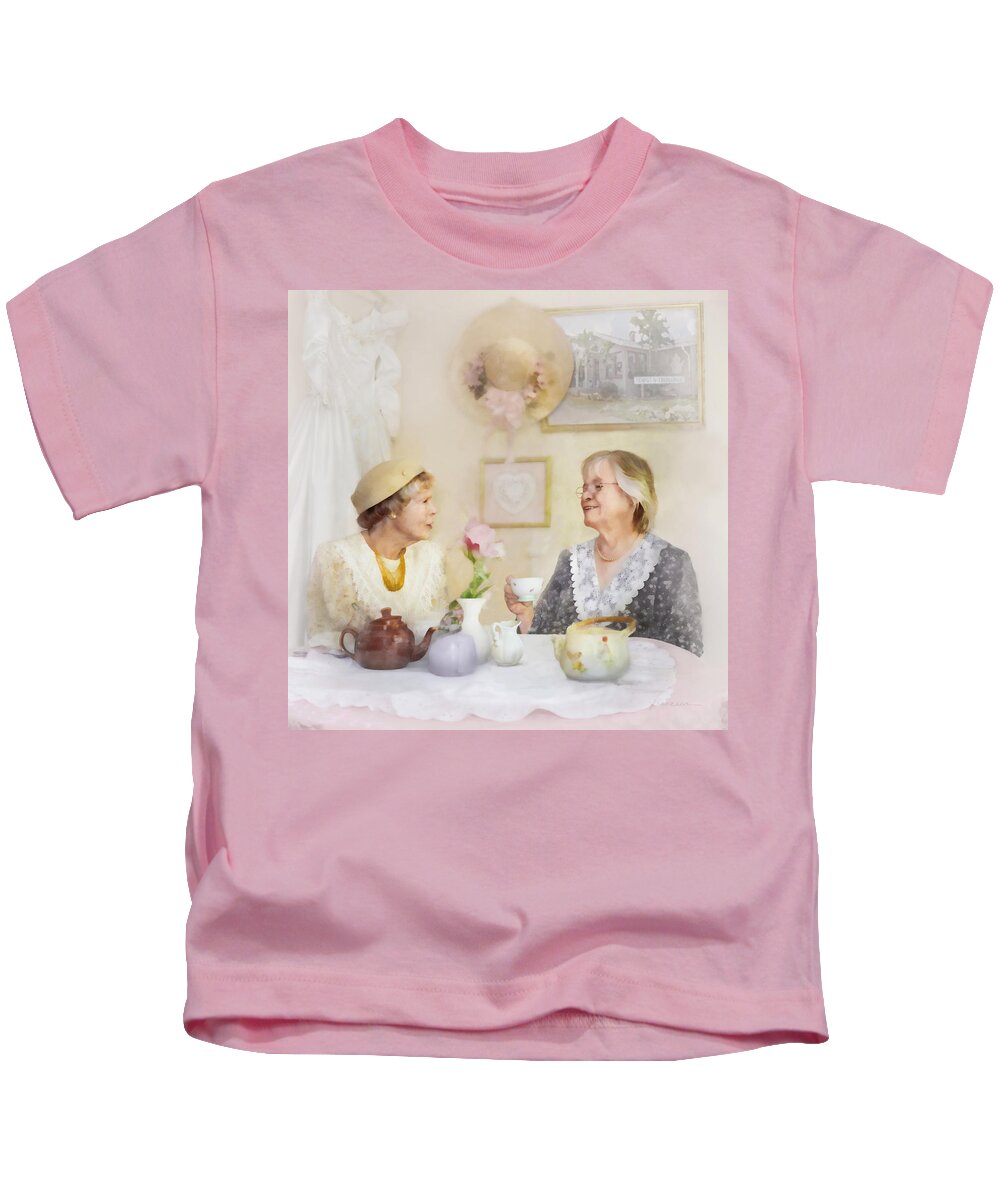 Tea Kids T-Shirt featuring the digital art Tea and Talk by Frances Miller