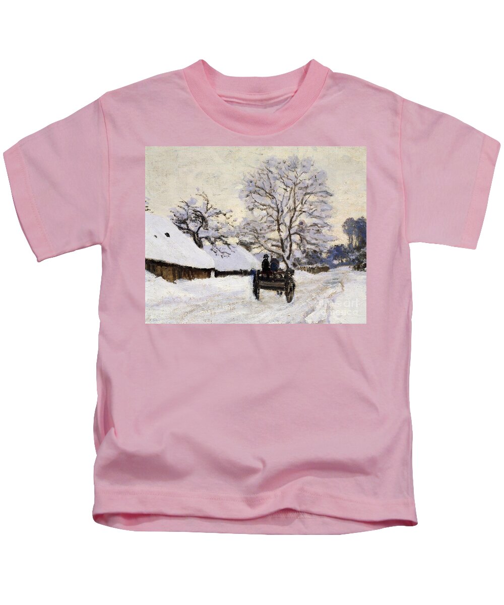 Claude Monet Kids T-Shirt featuring the painting Cart, road under snow in Honfleur by Claude Monet