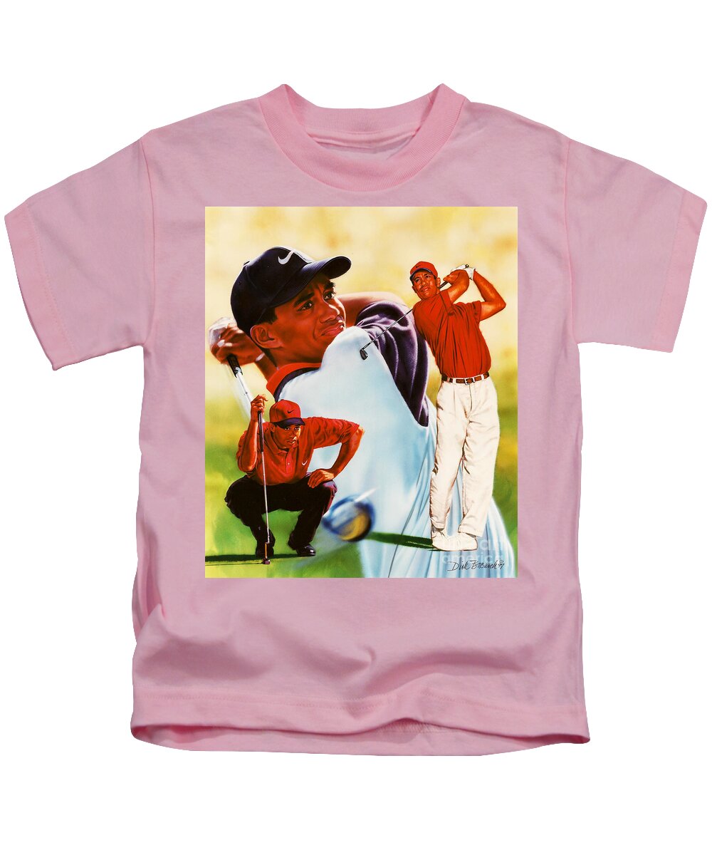 Sports Kids T-Shirt featuring the painting Tiger Woods by Dick Bobnick