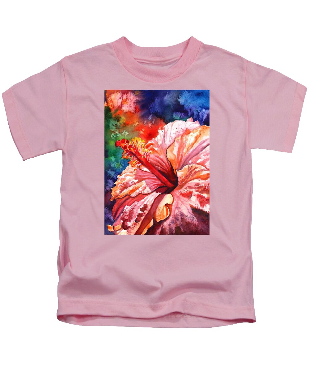 Pink Hibiscus Kids T-Shirt featuring the painting Tropical Pink Hibiscus by Marionette Taboniar