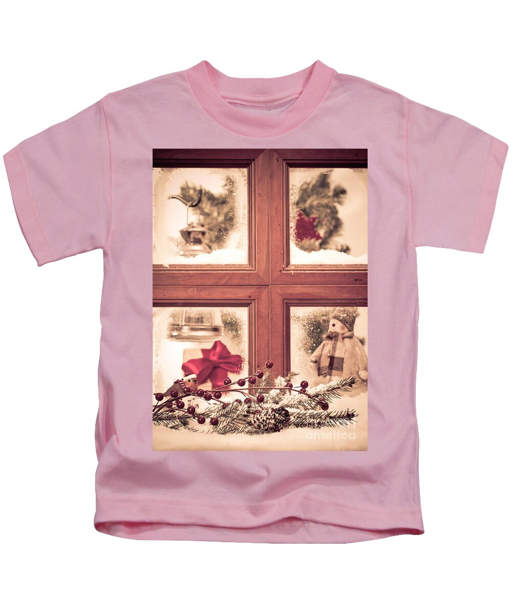 Christmas Kids T-Shirt featuring the photograph Vintage Christmas Window by Amanda Elwell