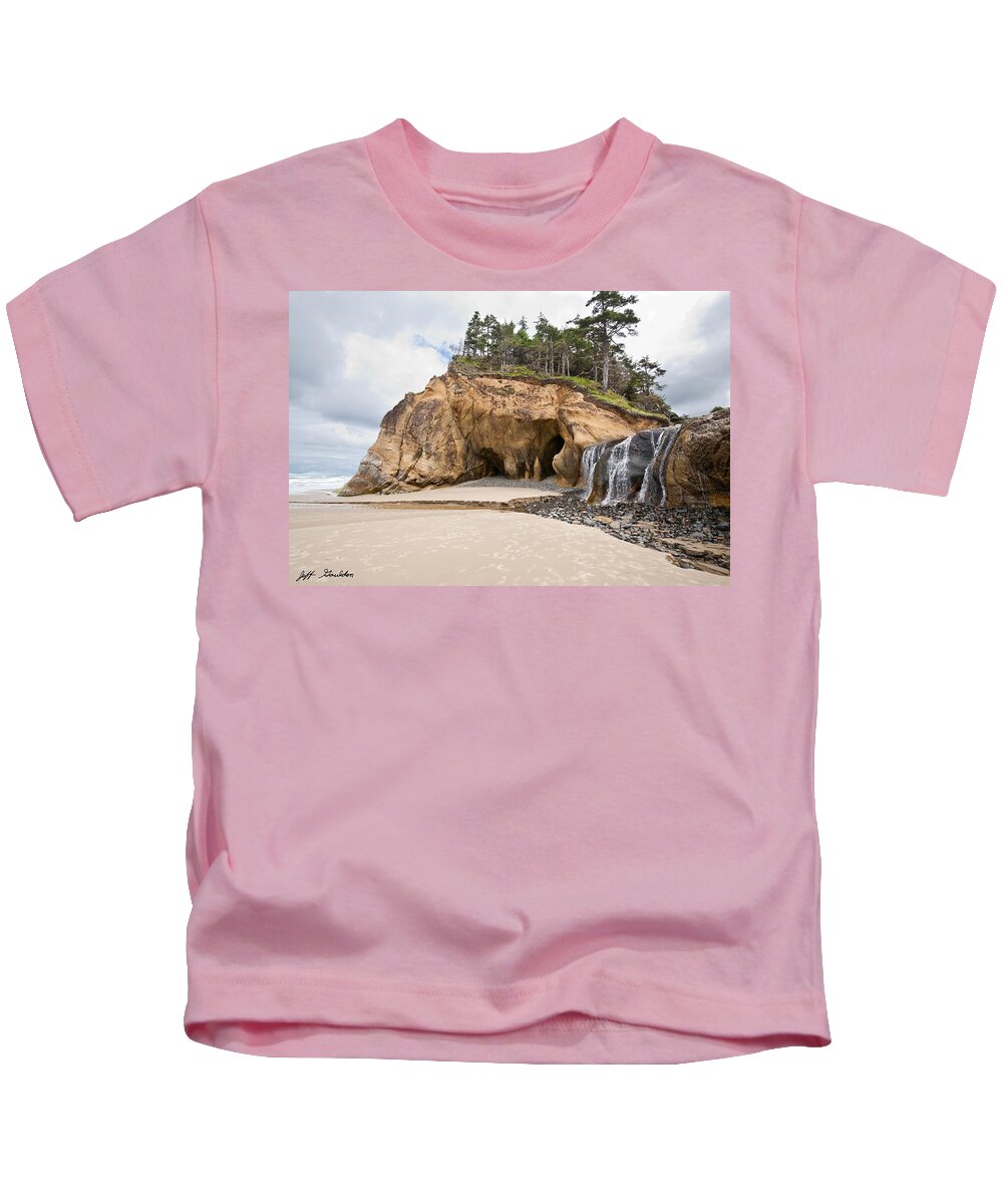 Beach Kids T-Shirt featuring the photograph Waterfall Flowing into the Pacific Ocean by Jeff Goulden