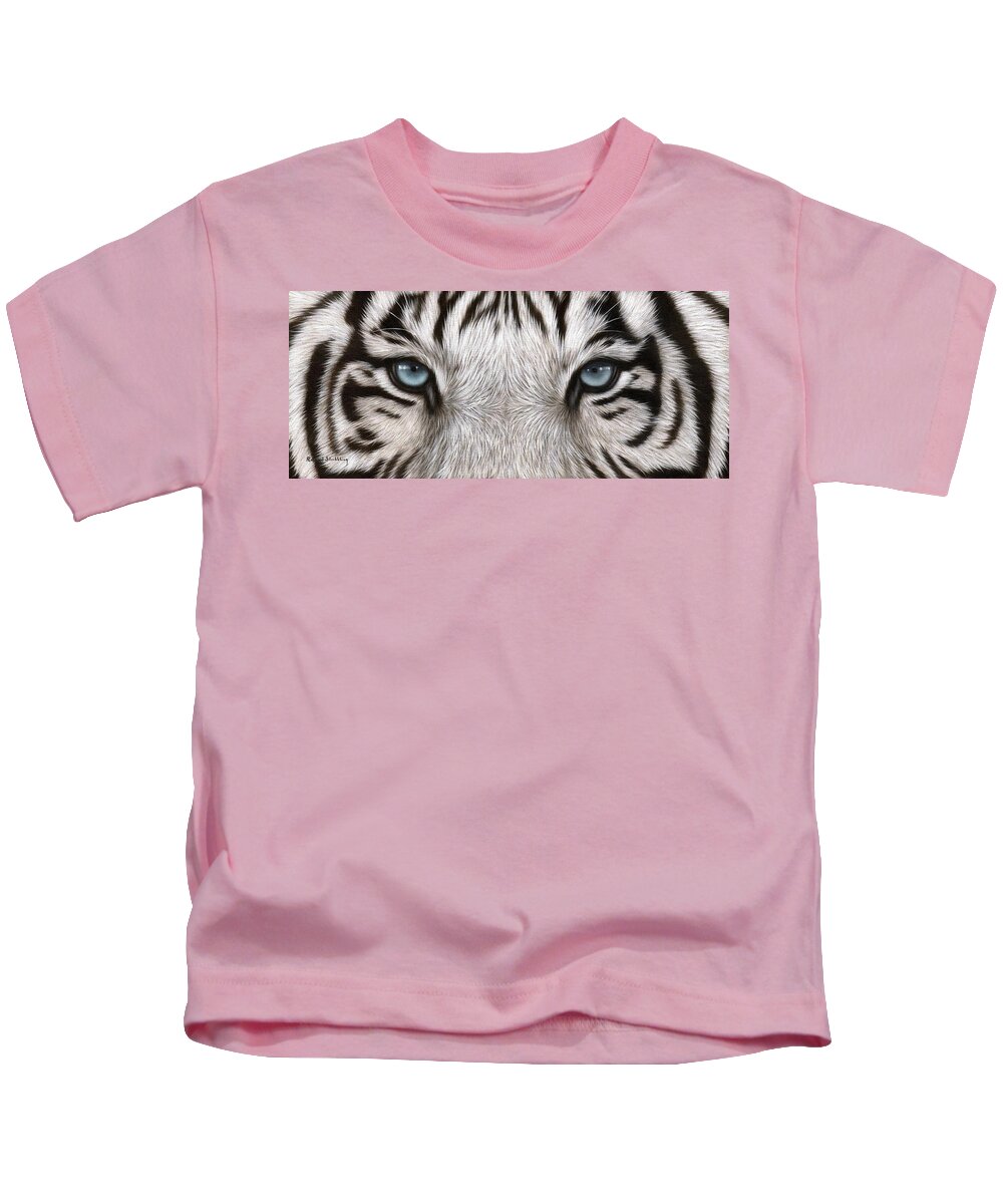 White Tiger Eyes Kids T-Shirt featuring the painting White Tiger Eyes Painting by Rachel Stribbling