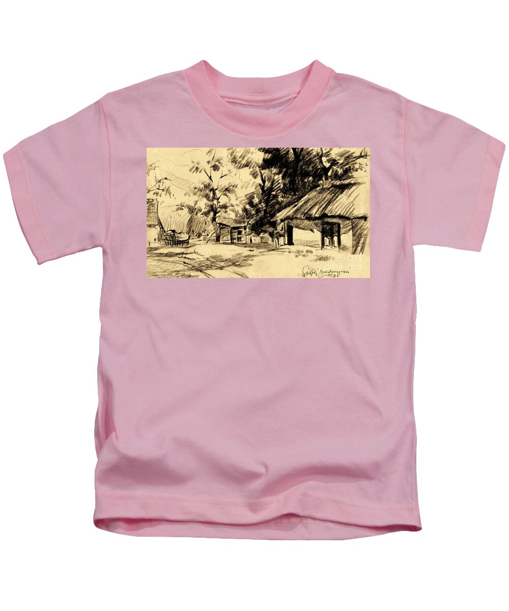 Apple Kids T-Shirt featuring the drawing Village drawing by Odon Czintos