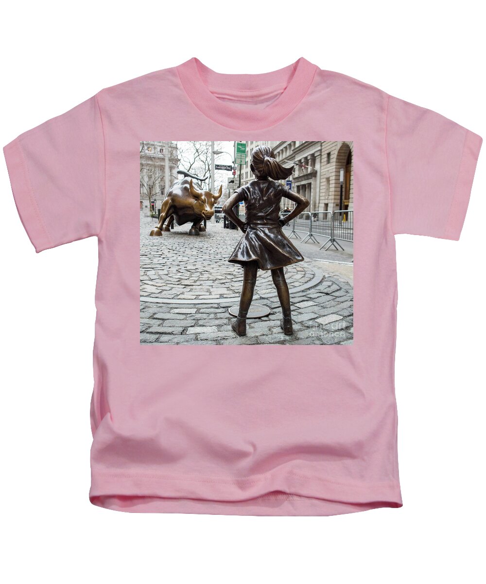Computer Kids T-Shirt featuring the photograph Vintage Fearless Girl and Wall Street Bull Statue by Doc Braham