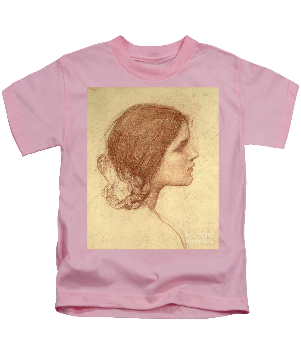 Waterhouse Kids T-Shirt featuring the drawing Head of a Girl by John William Waterhouse by John William Waterhouse