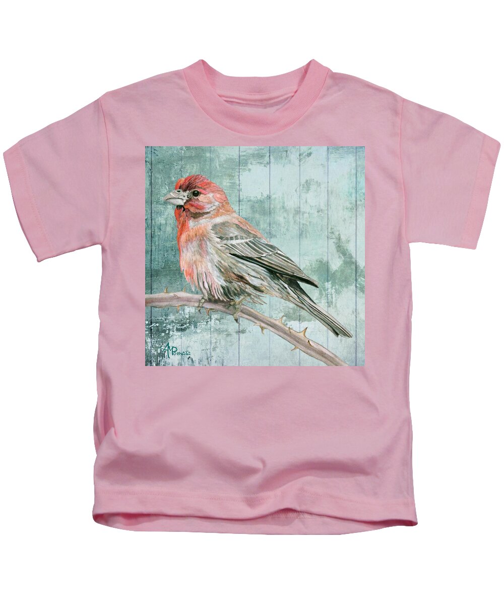 Finch Kids T-Shirt featuring the painting House Finch by Angeles M Pomata