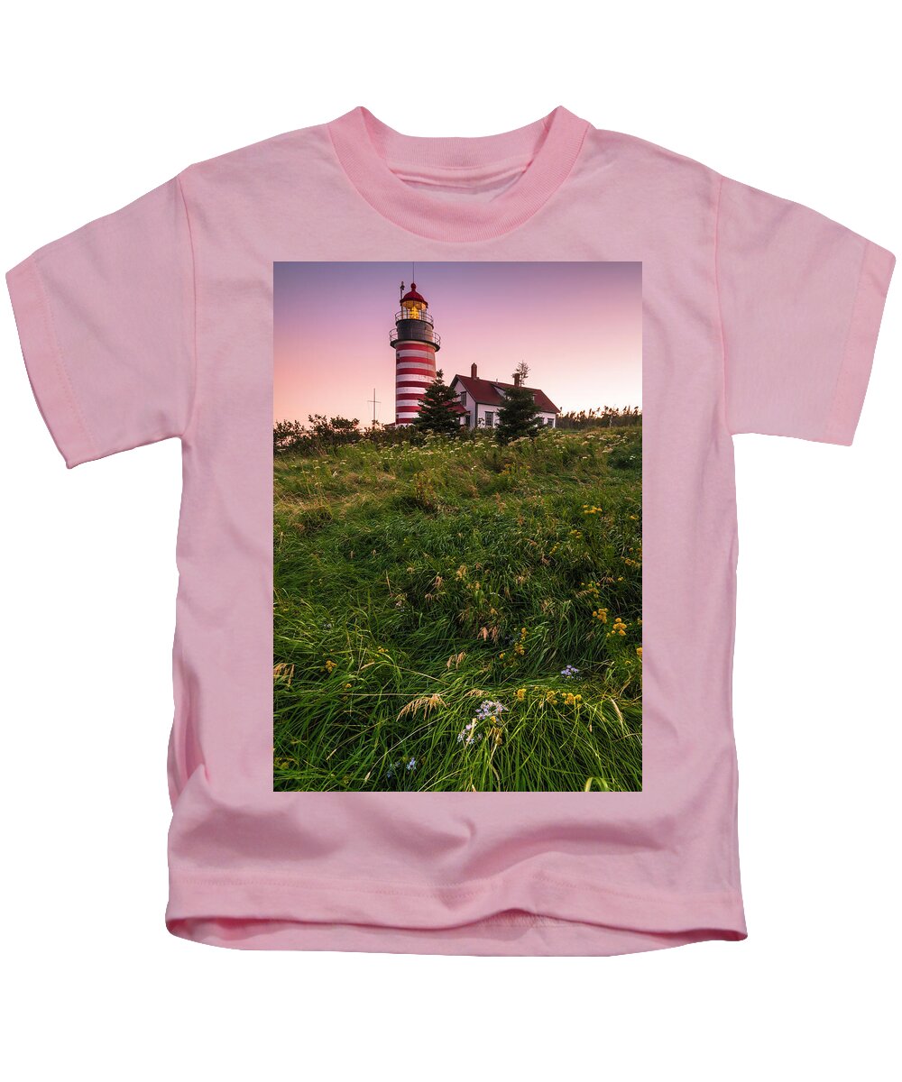 Maine Kids T-Shirt featuring the photograph Maine West Quoddy Head Lighthouse Sunset #1 by Ranjay Mitra