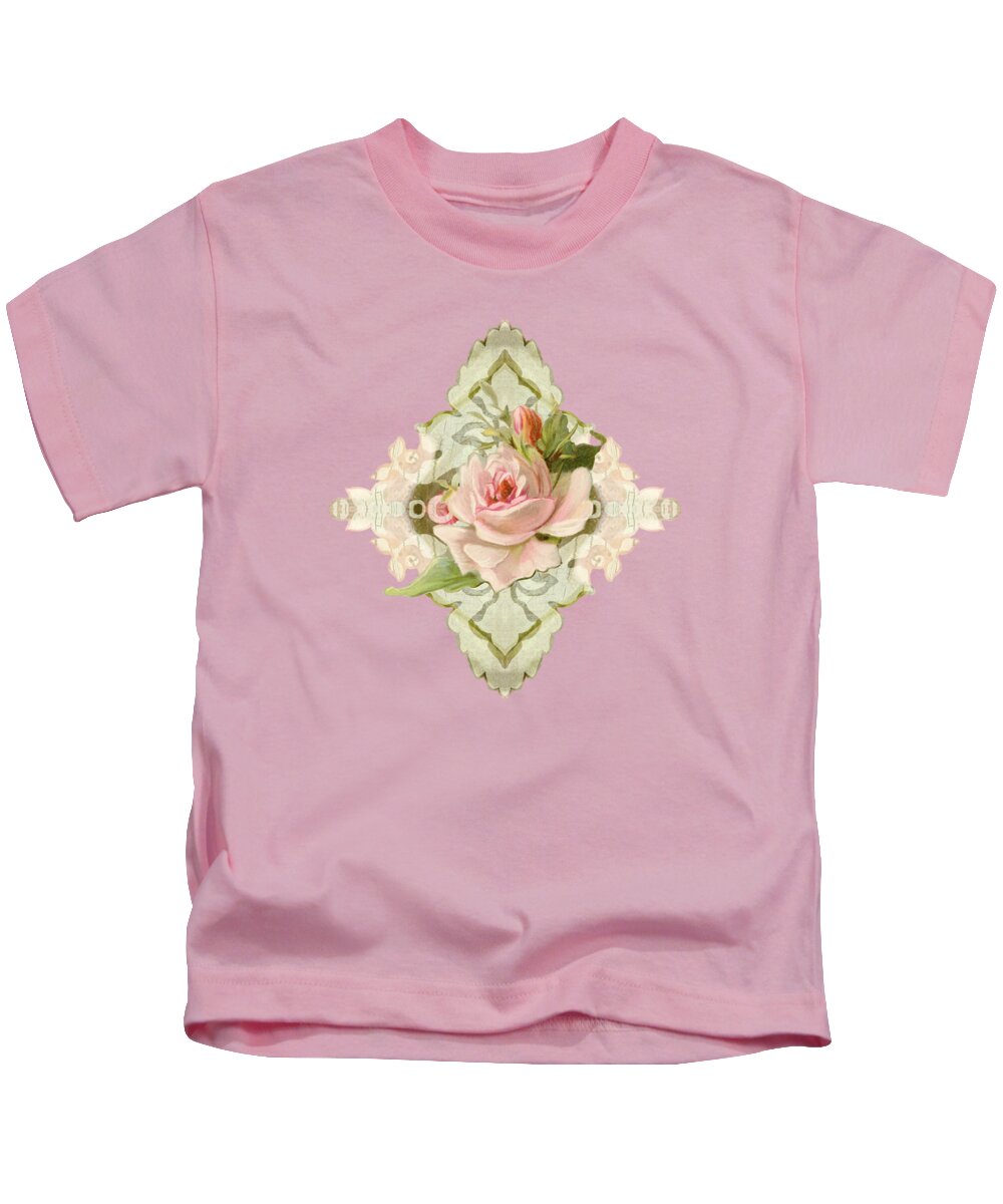 Vintage Kids T-Shirt featuring the painting Summer At The Cottage - Vintage Style Damask Roses #3 by Audrey Jeanne Roberts