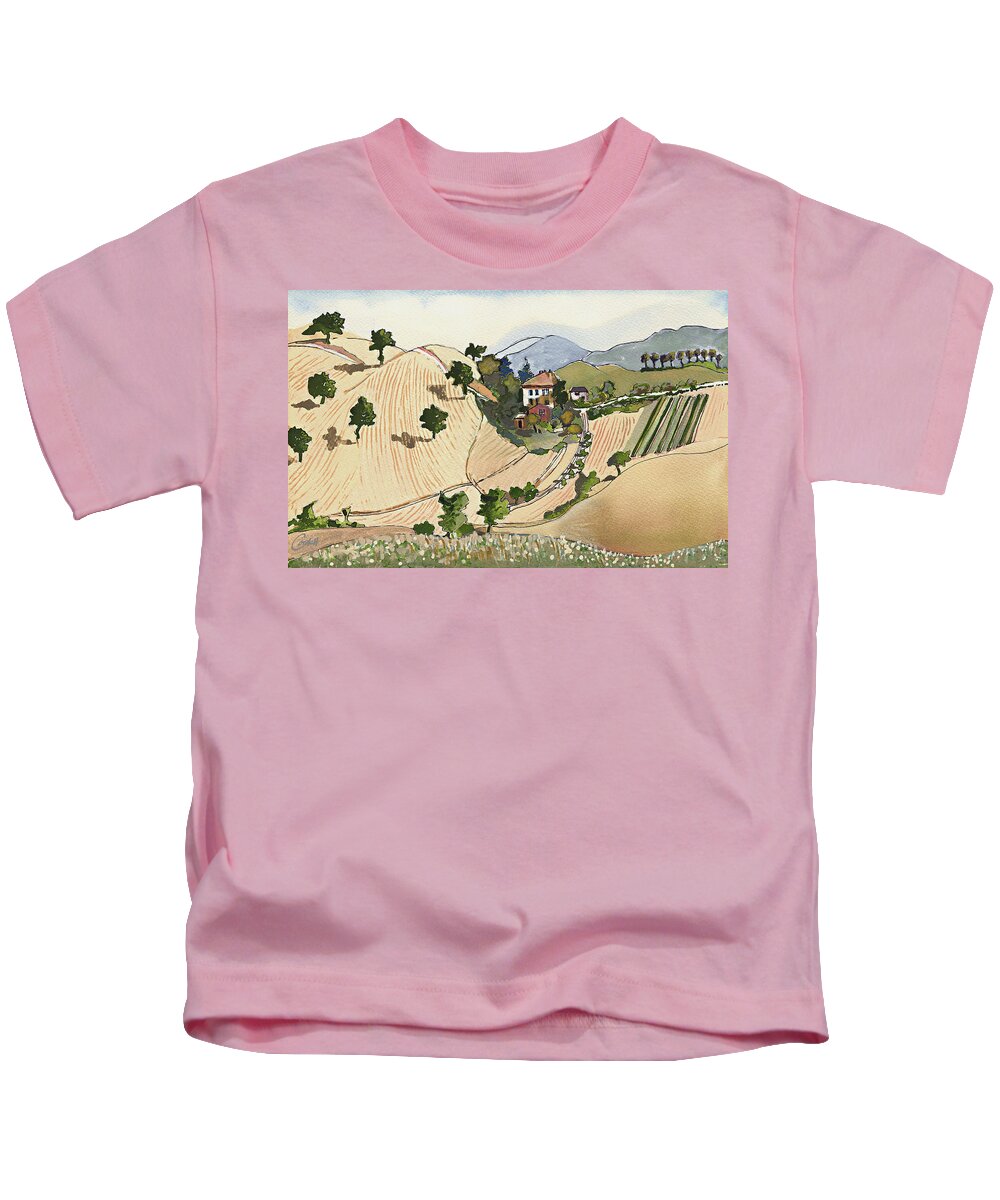 Italian Landscape Kids T-Shirt featuring the painting Agricolo Mosaic - Frontino by Joan Cordell