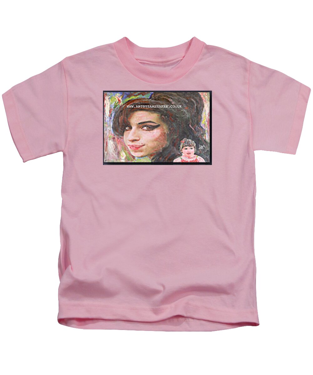 Amy Kids T-Shirt featuring the painting Amy as a child and singer by Sam Shaker