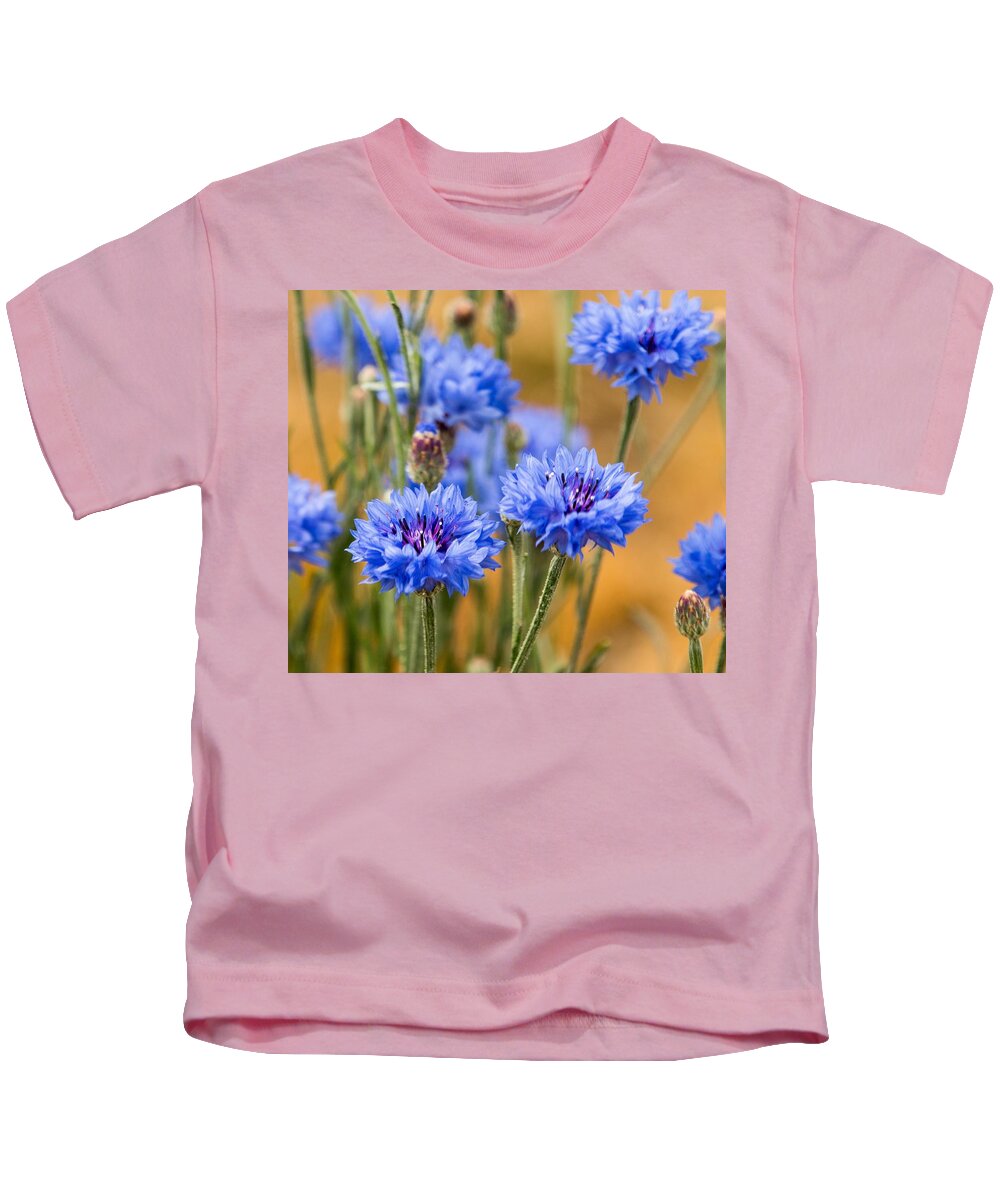 Floral Kids T-Shirt featuring the photograph Bachelor Buttons in Blue by E Faithe Lester