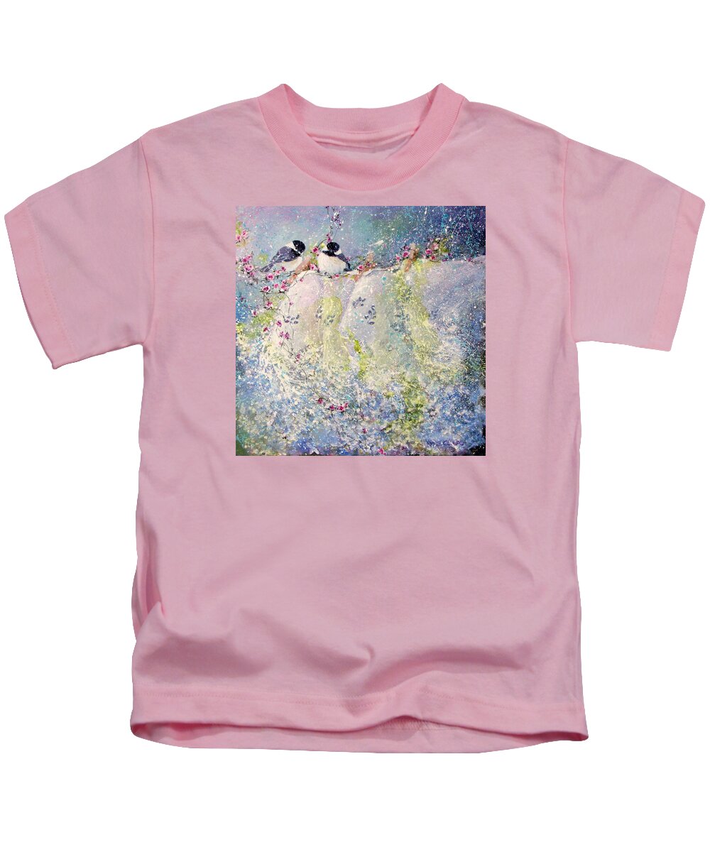 Birds On Clotheline Kids T-Shirt featuring the painting Birds and lace by Nicole Gelinas