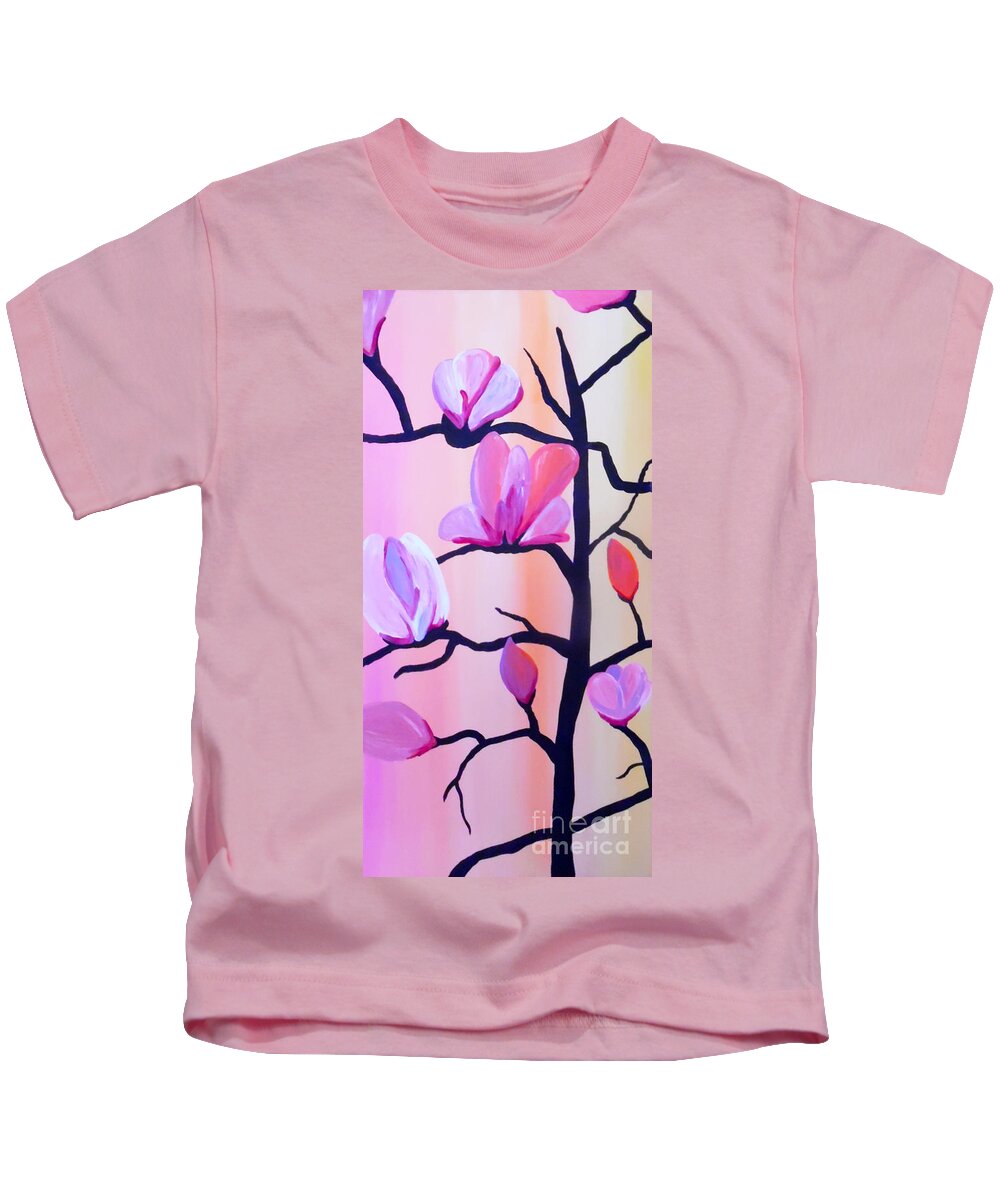 Pink Flowers Kids T-Shirt featuring the painting Blossoming Branches by Jilian Cramb - AMothersFineArt