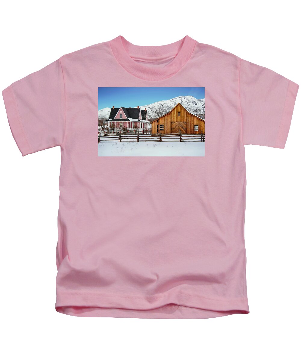 Brigham Kids T-Shirt featuring the photograph Brigham Young Forest Farmhouse by Margie Wildblood