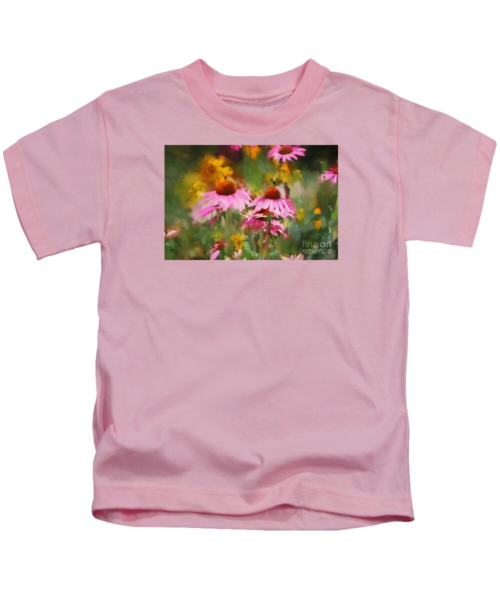Coneflowers Kids T-Shirt featuring the mixed media Busy As A Bee by Tina LeCour