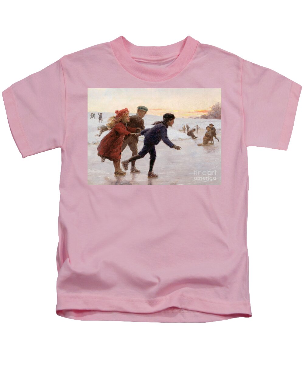 Children Kids T-Shirt featuring the painting Children Skating by Percy Tarrant