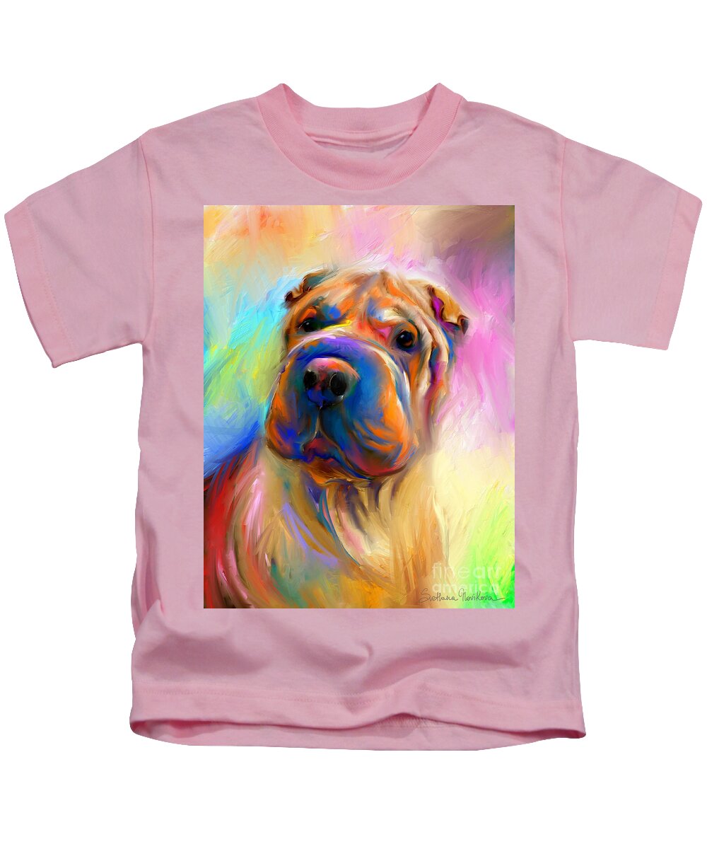 Chinese Shar Pei Dog Kids T-Shirt featuring the painting Colorful Shar Pei Dog portrait painting by Svetlana Novikova