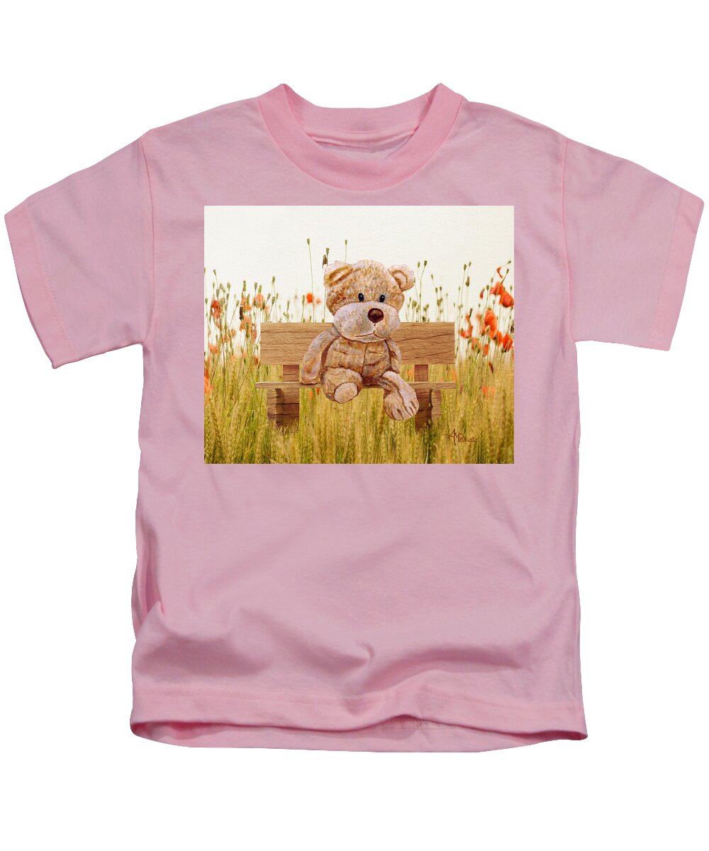 Cuddly Animals Kids T-Shirt featuring the mixed media Cuddly In The Garden by Angeles M Pomata