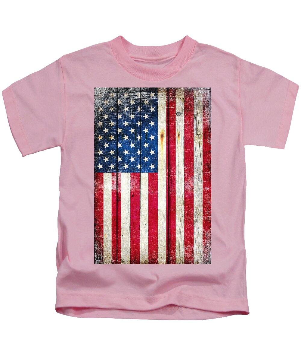 American Kids T-Shirt featuring the digital art Distressed American Flag On Wood - Vertical by M L C