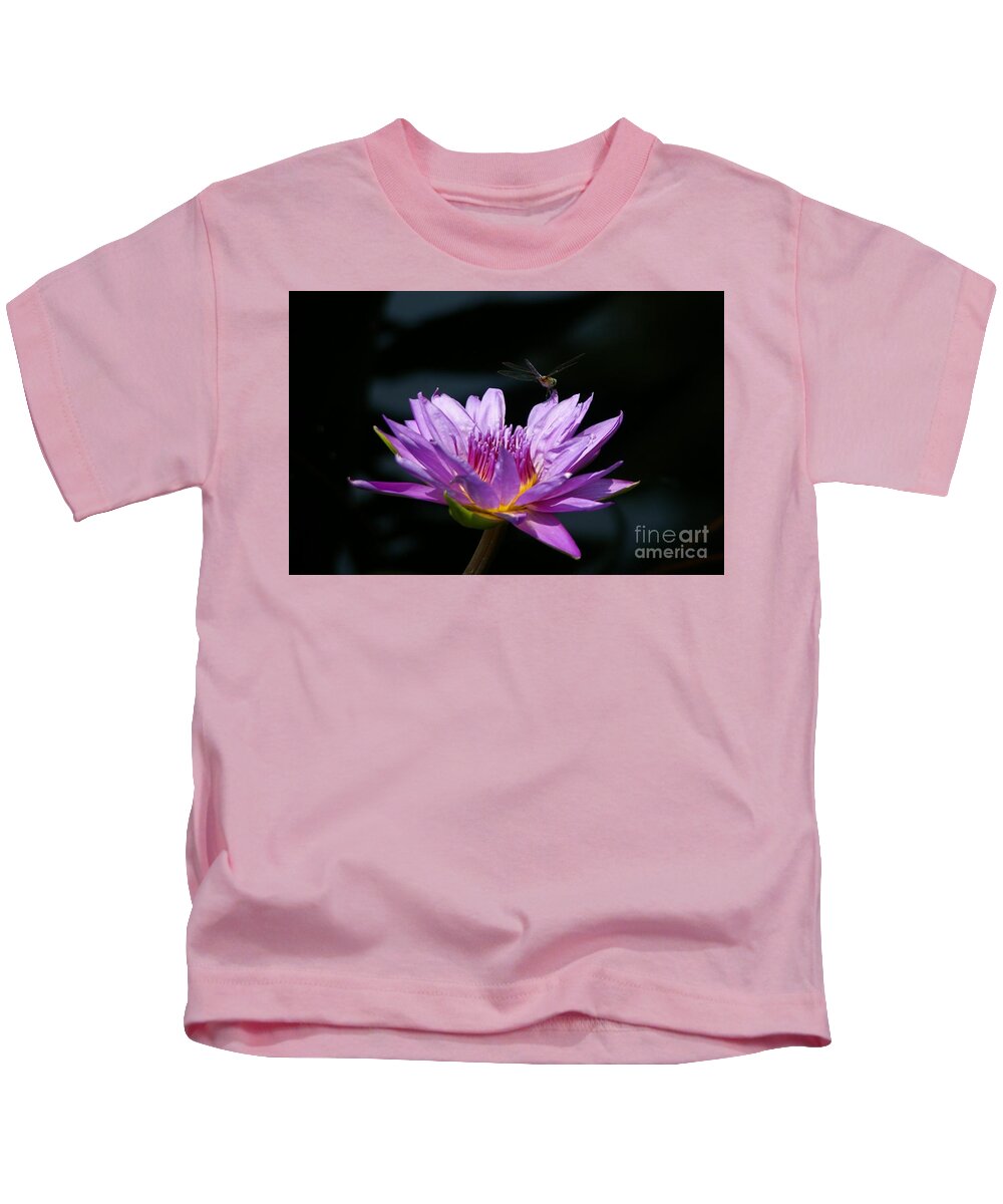 Dragonfly Kids T-Shirt featuring the photograph Dragonfly and Purple Lotus Waterlily by Jackie Irwin