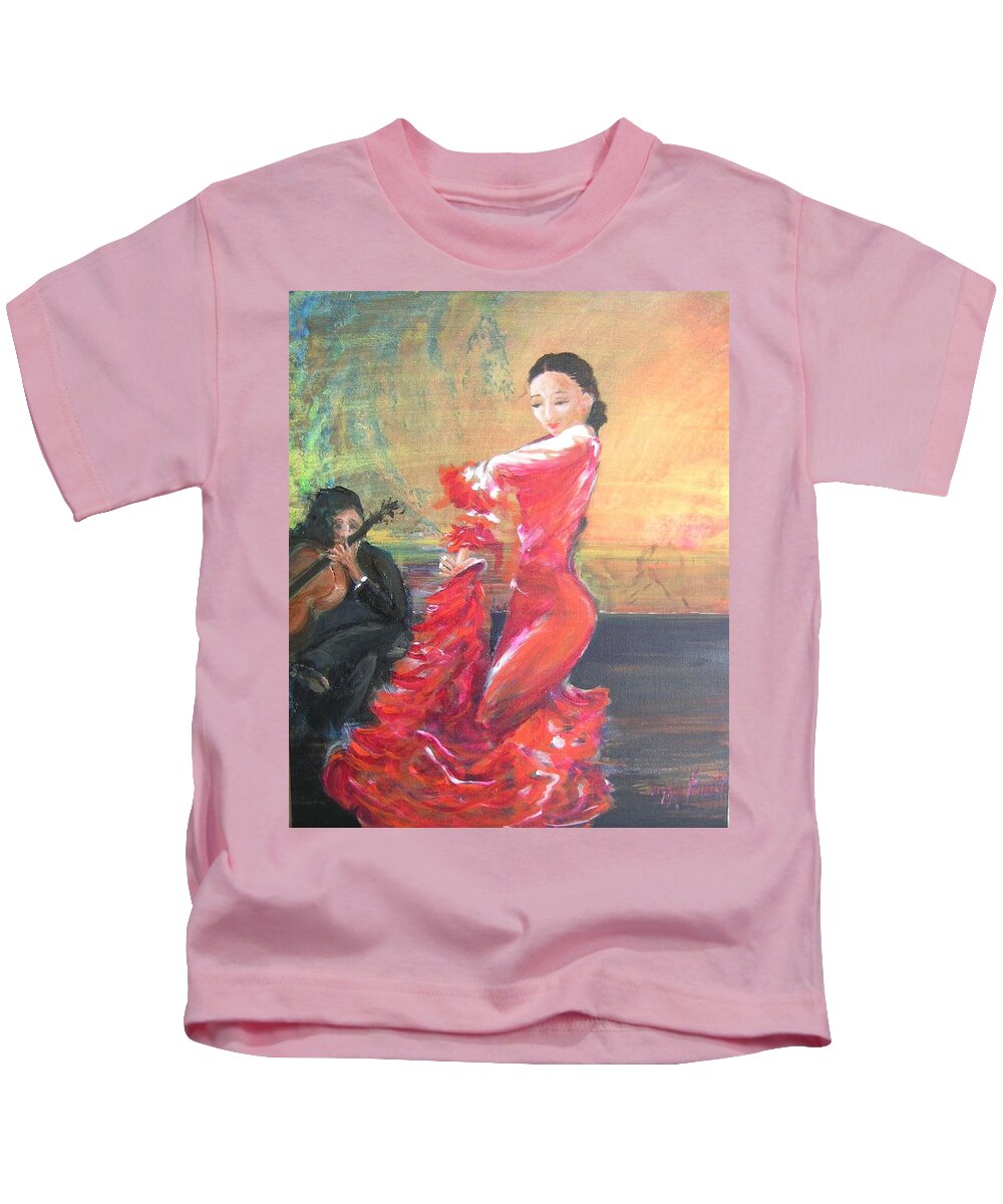 Gypsy Flamenco Dancer. Spanish Dancer Kids T-Shirt featuring the painting Duende by Lizzy Forrester
