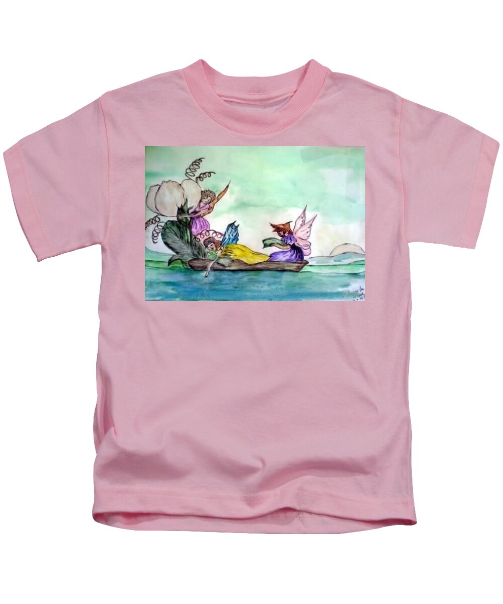 Fairies Kids T-Shirt featuring the painting Fairies at Sea by AHONU Aingeal Rose
