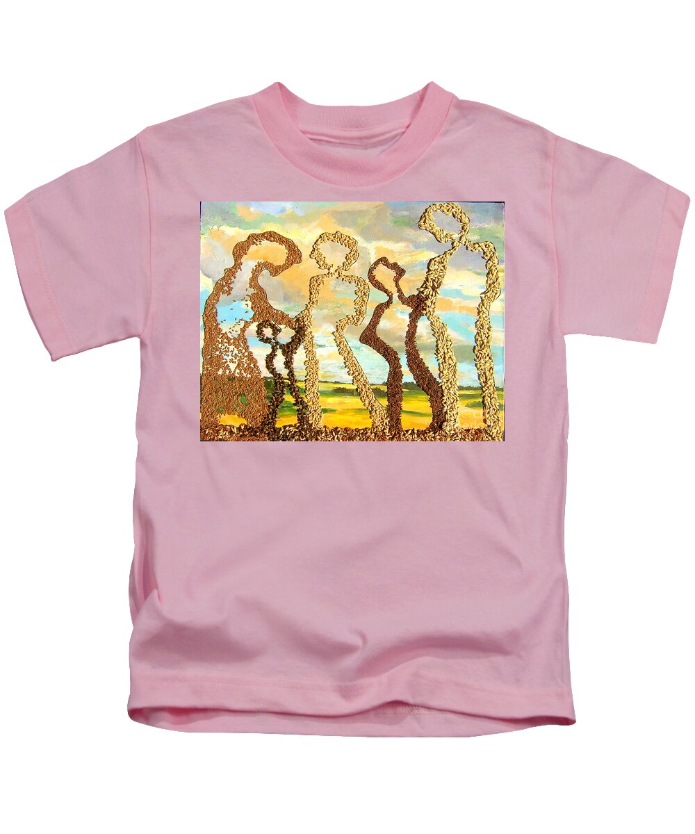 Mixed Media Of Grains Grown In The Prairies Collaged On An Acrylic Painting Kids T-Shirt featuring the painting Farm Family by Naomi Gerrard