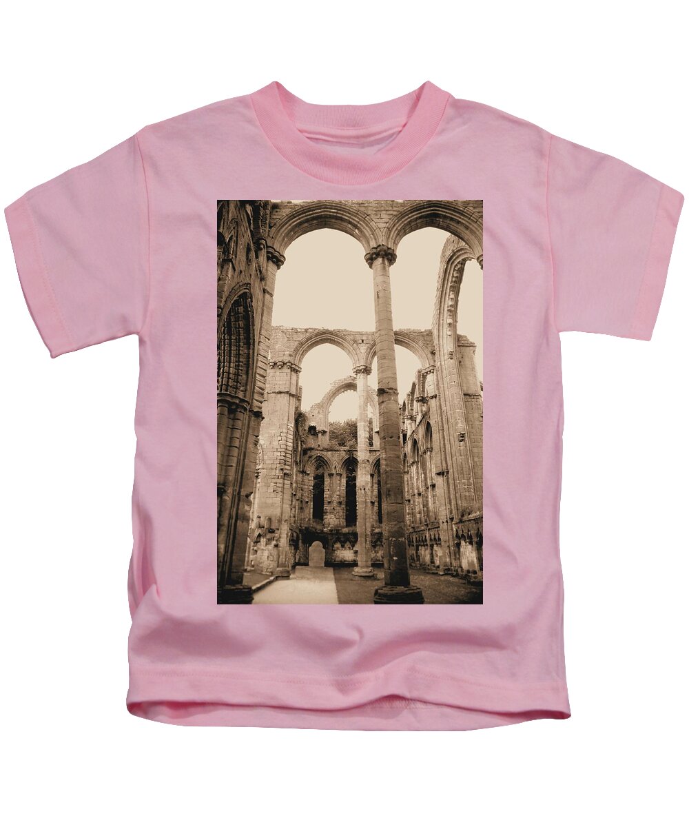 Fountains Fountain Abbey England Sepia Old Medieval Middle Ages Church Monastery Nun Nuns Architecture York Yorkshire Monasteries Aldfield Ruins Saint Century Black Death Claustral Building Cistercian Granges Cathedral Cloister Feudal Kids T-Shirt featuring the photograph Fountains Abbey #52 by Raymond Magnani