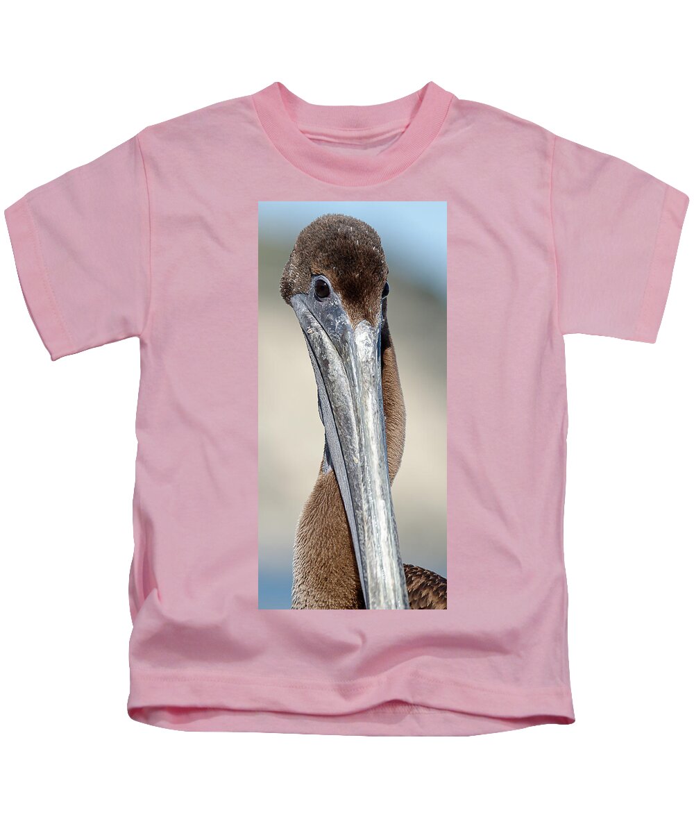 Hey Baby Kids T-Shirt featuring the photograph Hey Baby, Wanna Neck? -- Brown Pelican in Avila Beach, California by Darin Volpe