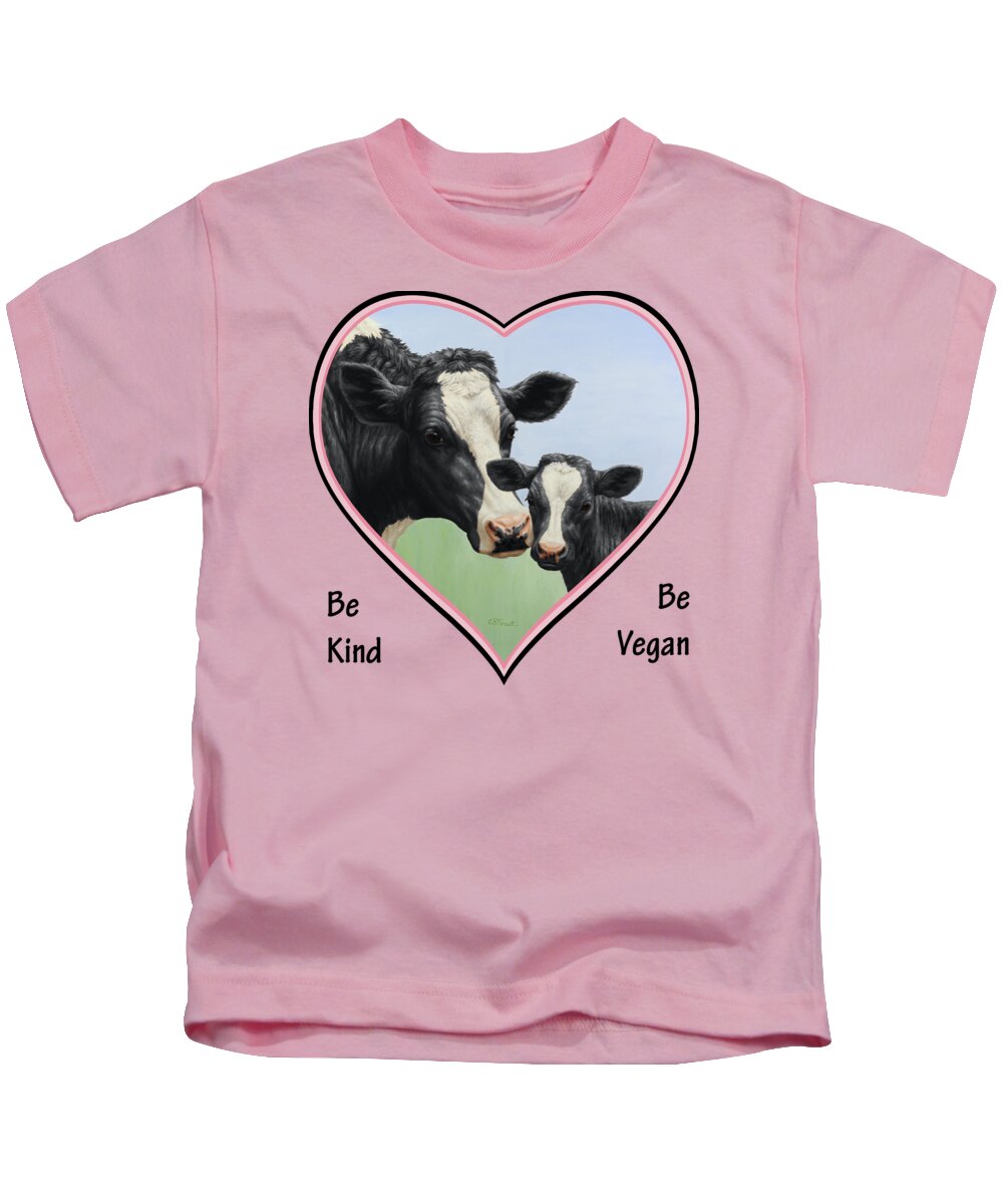 Cow Kids T-Shirt featuring the painting Holstein Cow and Calf Pink Heart Vegan by Crista Forest